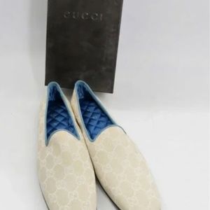 NEW IN BOX Gucci Vintage Beige GG Logo Monogram Canvas Slipper Loafers Size 7.5